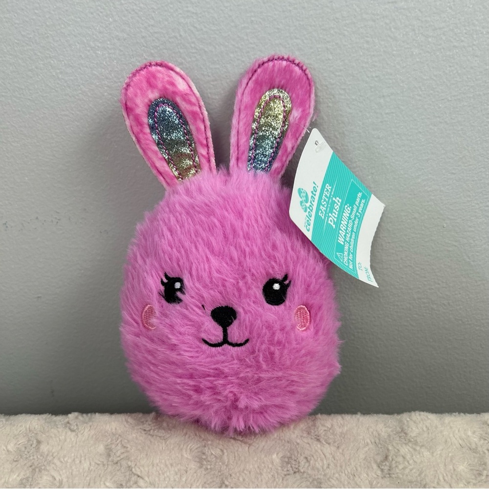 Walmart Pink Plush Bunny Rabbit Stuffed Animal Easter Glitter Ear Oval Egg Shape